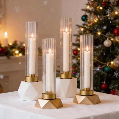 Hurricane Candle Holders Golden Taper Candle Sticks Holder, with 11" Thickened Glass Cylinder Covers Ribbed Candlesticks Holders Bulk Set of 4, Dining Table Centerpiece for Wedding - Image 6