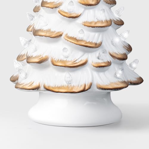 Sunlit 13'' Cordless Lighted Ceramic Christmas Tree Vintage Tabletop Christmas Decoration Pre-Lit Colorful Mini Light Bulbs Traditional AA Battery Operated LED - White and Gold - Image 4
