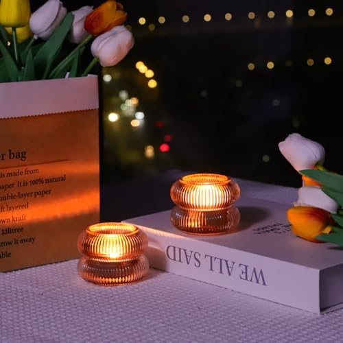 Woho Amber Votive Candle Holders, Ribbed Tealight Candle Holder Set of 6 - Image 4