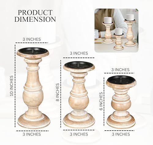 White Wash Candle Holder Set of 3 – 10", 8", 6" Rustic Pillar Stands – Turned Wood Columns for Home Decor, Weddings, Spa, Parties – Country Farmhouse Style - Image 3