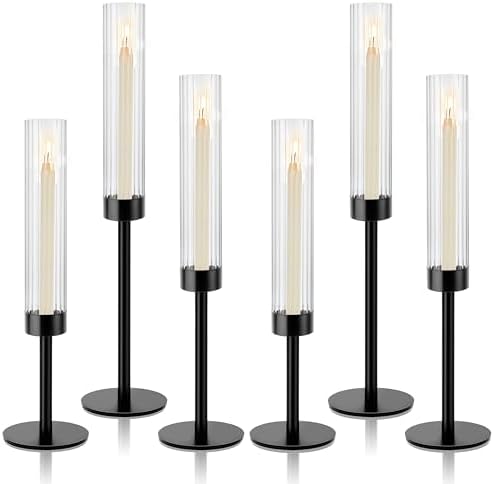 Black Hurricane Candle Holders, Set of 6 Glass Taper Candlestick Holders Metal Candle Stands Bulk with Ribbed Glass Cover for Dining Tables Wedding Candelabra Centerpieces Decor by Unknown