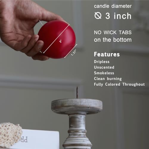 MOZEAL Hand-Poured, 3 Inch Red Round Ball Candles - Elegant Red Round Pillar Candles Set of 3, Dripless, Unscented, Smokeless, Ideal for Valentine's Day and Christmas. - Image 4