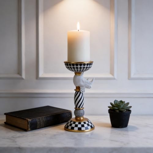 Checkered Animal Candle Holders, Resin Black White Checkered Tiger Head Candlestick Holders, Cute Black-and-White Pillar Candle Stand Home Decorations (Rhinoceros) - Image 3