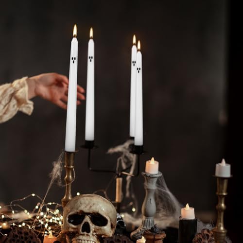 12 Pack Halloween Taper Candles - 10 Inch White Ghost Face Smokeless Candles, Long-Lasting 7+ Hour Burn, Premium Wax for Spooky Decor & Parties - Image 5