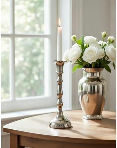 Hosley Set of 2 Silver Candlestick Holders for Taper Candles, 8.25 Inch Tall Aluminum Metal Candle Stands, Elegant Formal Dinner & Wedding Centerpiece Decor - Image 4