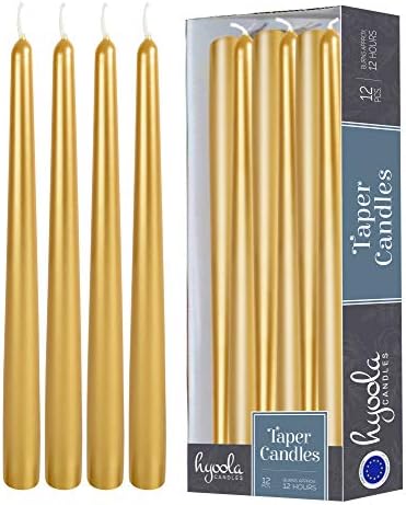 Hyoola Tall Taper Candles - 14 Inch Metallic Gold Dripless, Unscented Dinner Candle - Paraffin Wax with Cotton Wicks - 12 Hour Burn Time (Pack of 12) by Hyoola