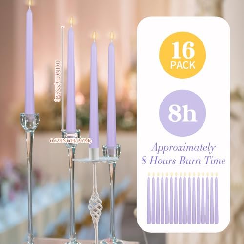 MTLEE 16 Pcs 10 Inch Taper Candle Sticks Smokeless Unscented, Light Purple - Image 2