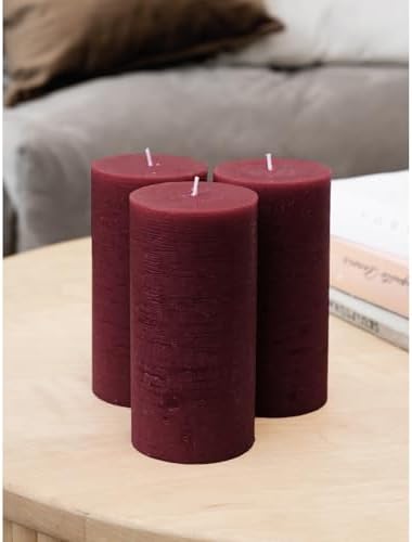 CANDWAX Large Pillar Candles 3x6 Inch – Set of 3 Unscented Dripless Burgundy Candles, Long Burning Rustic Finish for Weddings, Home Decor - Image 4