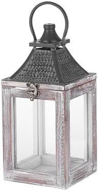 12" High Farmhouse Decorative Lantern, Glass and Metal, Distressed White Wood Finish, Vintage Black Metal Top, Indoor Outdoor Candle Holders (Rustic White, 5"x5") by Unknown