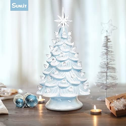 Sunlit Cordless Lighted Ceramic Christmas Tree Vintage Tabletop Christmas Decoration Pre-Lit Colorful Mini Light Bulbs 13" Traditional AA Battery Operated LED - White and Light Blue - Image 7