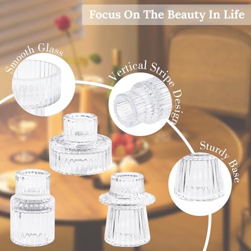 Candlestick Holders Set of 3, Ribbed Glass Taper Candle Holders, Reversible Clear Tealight & Candle Stick Candle Holder Vintage Crystal Tealight Candle Holder for Wedding Dinner Party - Image 6