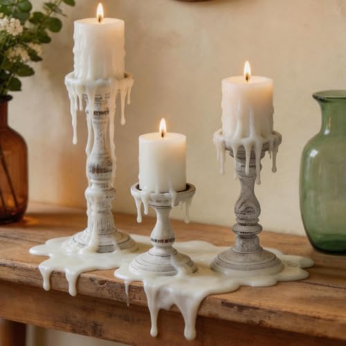 Rustic Distressed Wooden Candle Holder Set of 3 for Pillar Candles, Farmhouse Wood Candle Stands for Table Centerpieces & Living Room Home Decor (Rubber Wood(Distressed White)) by KILOSTEP