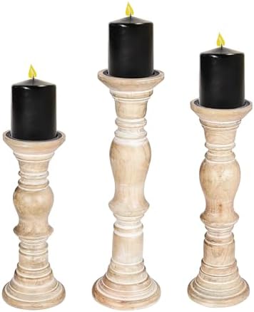 Rustic Candle Holder Set of 3 – 10", 8", 6" – Burnt Finish Wooden Pillar Stands for Wedding, Party, Home Décor, Spa – Country Style Gift for Table Centerpiece by TheWoodenTown