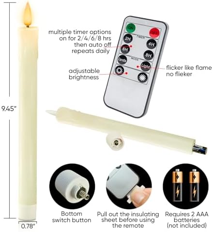 Homemory 9.6 Inches Waxy Flameless Taper Candles with Remote Timer Dimmer, Flickering LED Candlesticks, Battery Operated Window Candle for Christmas Wedding Decor, 6 Pcs Ivory Drip Taper Candles - Image 7