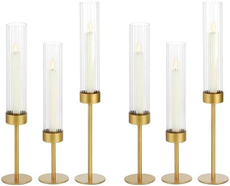 Set of 6 Ribbed Glass Hurricane Candle Holders Gold Metal Base by saiguomi