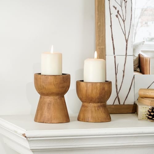NIKKY HOME Farmhouse Wooden Pillar Candle Holders Set of 2, Mantel Decor by NIKKYHOME
