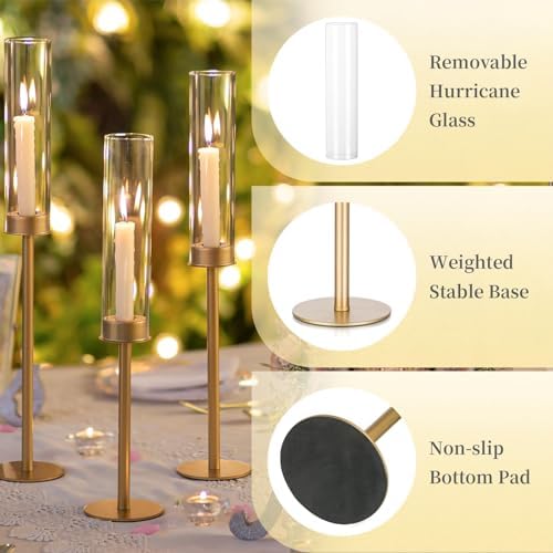 Hewory Gold Candlestick Holders: 3PCS Glass Hurricane with Tall Brass Base - Image 6