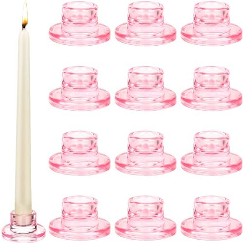 12 PCS Glass Taper Candle Holders Bulk Pink Candlestick Holders Clear Short Tapered Candle Stick Holder Decor Set for Table Centerpiece Wedding Party Advent Christmas Home Decorations by Mkhaslri