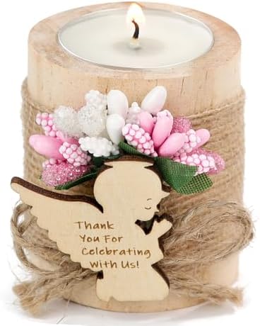10 Pcs Handmade Wooden Tea Candle Holders, Baptism Gift,Christening Gift, Gender Reveal Guest Favors with Personalized Tags, Adult Baptism.(Light-Pink) by JusFavors