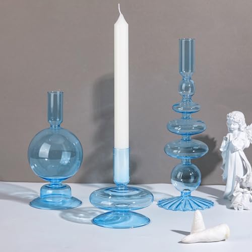 Rtteri 3 Pcs Iridescent Glass Candlestick Holders Taper Candle, Light Blue - Image 3