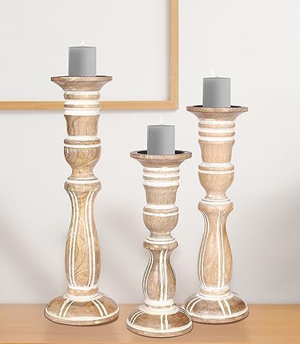 Wooden Candle Holder Set of 3, Tall White Antique Pillar Candle Holders, Rustic Farmhouse Decor, Brown Wooden Candle Stands for Home Decoration - 16, 14, 12 Inch Height by Lightnpro