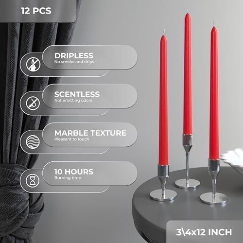 CANDWAX 12 inch Red Taper Candles Set of 12 - Dripless and Long Burning Candlesticks - Perfect as Red Candlesticks for Dinner or Holiday Home Decor - Taper Candle Sticks - Image 3
