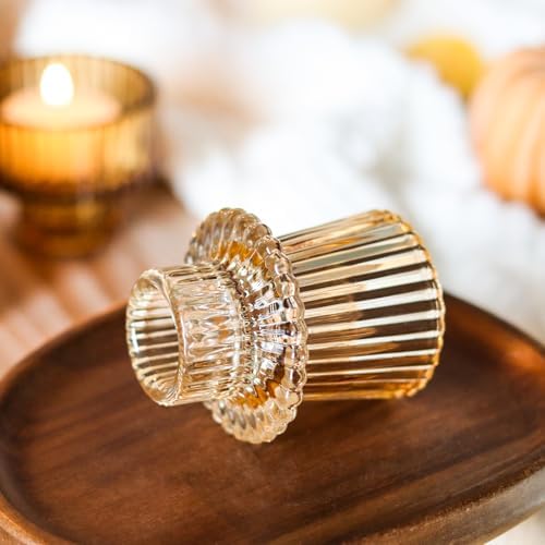 Gold Candlestick Holders 6PCS for Tealight Candle Stick Candles, Ribbed Glass Taper Candle Holders Set Table Centerpieces for Thanksgiving Christmas Farmhouse Decor Indoor and Outdoor - Image 5