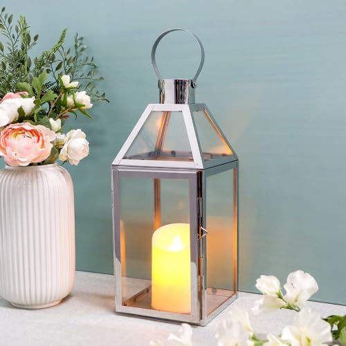 JHY Design Silver Decorative Lanterns 16inch High Stainless Steel Candle Lanterns with Tempered Glass for Indoor Outdoor Events Parities and Weddings - Image 2