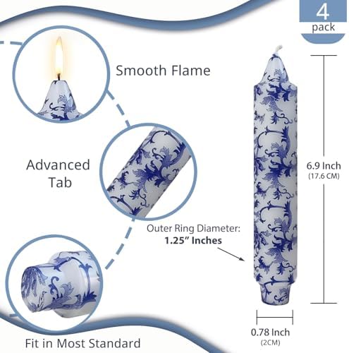 NJAO HOO Floral Taper Candles 7 Inch Short Candlesticks Hand Printed Blue and White Candlesticks Unscented Tapered Candle Set for Spring Home Garden Decor, 4Pcs - Image 2