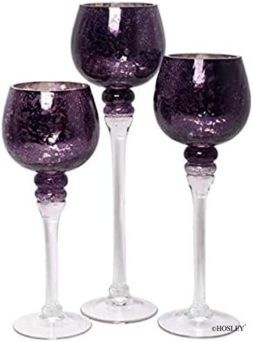 Hosley Set of 3 Crackle Purple Glass Tealight Holders 12 Inch, 10 Inch, 9 Inch Heights for Captivating Candlelight Ambiance Radiant Elegance by HOSLEY