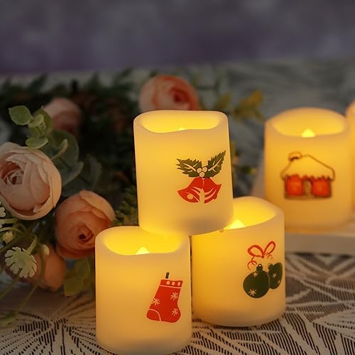 Battery Operated Flameless LED Votive Candles with Christmas Decals 12 PCS - Image 5