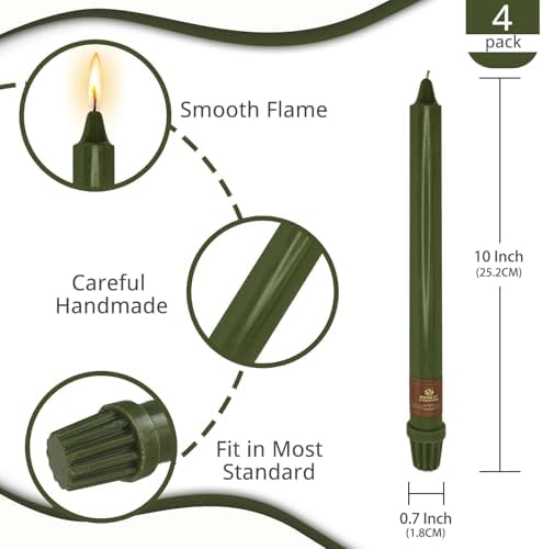 NJAO HOO Olive Green Taper Candle 10 Inch Christmas Candlesticks Unscented Dripless Handmade Candles for Home Decor Dinner New Year Party, 4 Pack - Image 3
