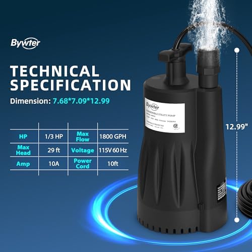 1/3 HP Submersible Water Pump, 1800 GPH, 29 FT Lift, Auto Start/Stop | IP68 nylon utility pump starts above 1 in and drains to 1/2 in, fits 3/4 in garden hose and 1-1/4 in drain hoses, 10 ft cord