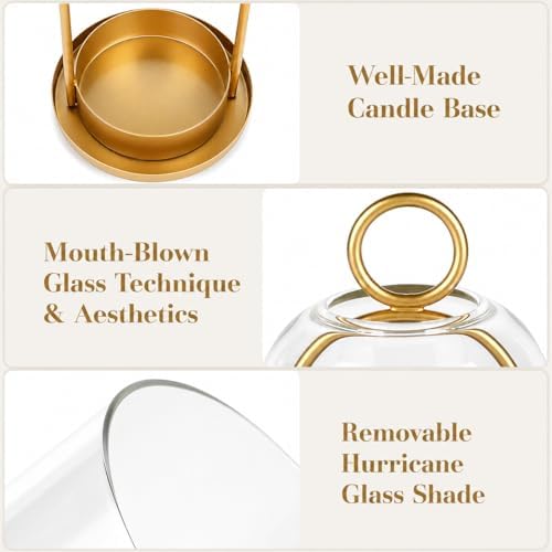 Glass Dome Candle Holders Set of 2, Antique Brass Metal Pillar Candle Holder, Hanging or Tabletop Hurricane Candle Holder for Home Decor, Farmhouse & Centerpiece (5.2” & 4.1”) - Image 3