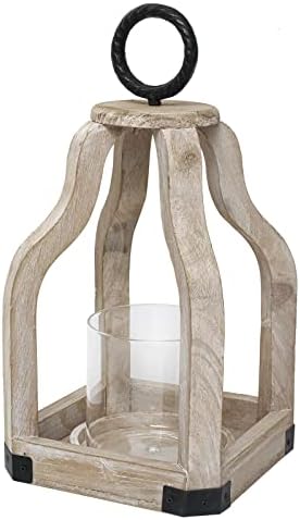 SWALLOWLIVING 13" Rustic Farmhouse Wood Candle Hurricane Lantern with Glass Candlestick Holder for Patio, Table Centerpiece, White Washed by SwallowLiving