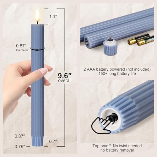 Dusty Blue Ribbed Flameless Taper Candles with Remote Set of 4 - Image 2