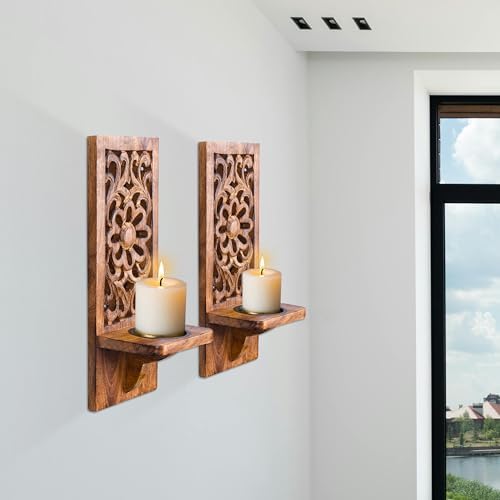 Wooden Wall Floral Carved Candle Sconces, 16 Inch – Burnt - Image 3