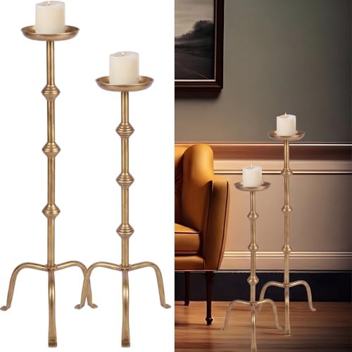 Mumufy 2 Pcs Metal Tall Floor Candleholder Candlestick, 32 in, 27 in, Gold by Mumufy