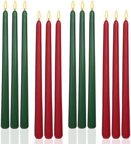 12 Inch Christmas Taper Candles Unscented Smokeless Long Tall Tapered Candle for Candlesticks Sticks Wedding Advent Home Decor Dinner，Set of 12,Redgreen by LPUSA