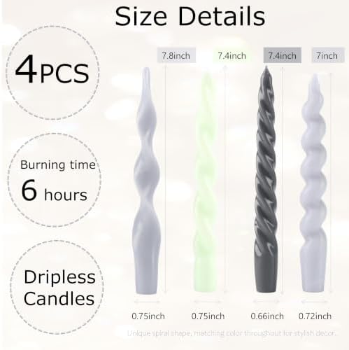 4 Pack Taper Candles Unscented Dripless Spiral Candlesticks Smokeless Swirl Wax Colorful Decorative Candle Sticks for Wedding Dinner Party Home Decor (Dusty Blue Mix, 7.8 inch, Twisted) - Image 2