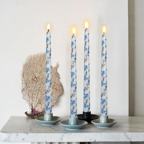 Print Taper Candles-Blue Floral Blend Pattern Unscented Candle Long 10-inch Flower Tapered Candlesticks for Family Gatherings Weddings Restaurant Holiday Decorations Set of 4 - Image 5