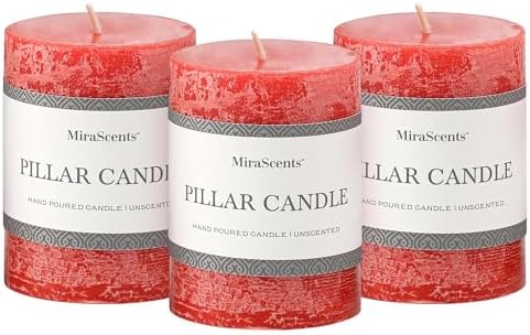 3x4 Inch Bright Red Pillar Candles Set of 3 - Hand-Poured Unscented Candles, Long Clean Burning, Large Big Candle, Smokeless Dripless Candle for Dinner Table, Wedding, Home, Rustic Decor by MiraScents