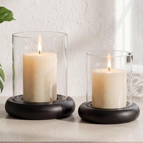 Set of 2 Black Hurricane Candle Holders with Wood Base, Modern Windproof Glass Cylinder Lantern, Farmhouse Pillar Candle Holder Decor for Table Centerpieces, Living Room, Patio & Kitchen Dining by LITIVY