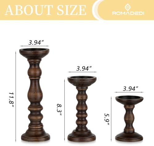 Romadedi Wood Pillar Candle Holders, Dark Brown Solid Wood, Set of 3 - Image 5