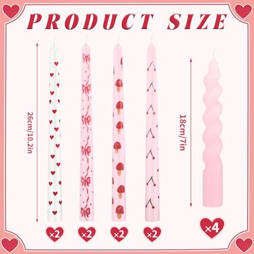 Nuanchu 12 Pcs Galentine's Day Taper Candles Valentines Heart Bow Pink Spiral Candle Sticks Real Wax for Valentines Day Bridal Shower Wedding Anniversary Birthday Dinner Table Home Decor - Image 2
