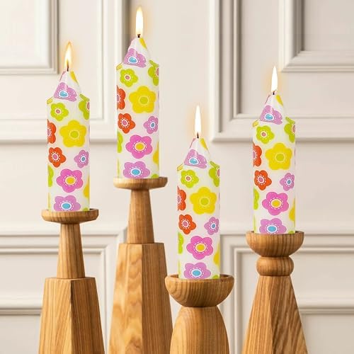 5 inch Short Candle Floral Candle Sticks Printed Candlestick Handmade Unscented Taper Candle 4 Pack Colorful Flower Tapered Candles for Home Dinner Wedding Holiday - Image 2