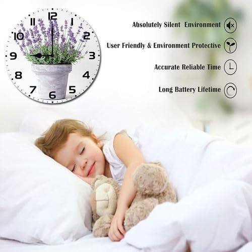 Lavender Watercolor Flower Wooden Silent Non-Ticking 10 Inch Round Clocks Battery Operated Analog for Living Room Kitchen Bedroom Bathroom Office Home School Decor