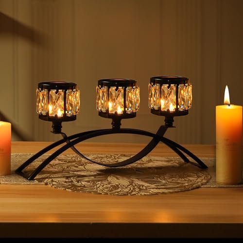 Black 3-Arm Crystal Candle Holders Arched - Elegant Tabletop Candelabra Centerpiece for Weddings, Dining Room Decor, Modern Home & Cabinet Display for & Housewarming - Image 4