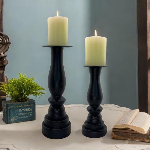 Black Worn Pillar Candle Holder - Rustic Wooden Farmhouse Candlestick Holders for - 2 Piece Set - Image 2
