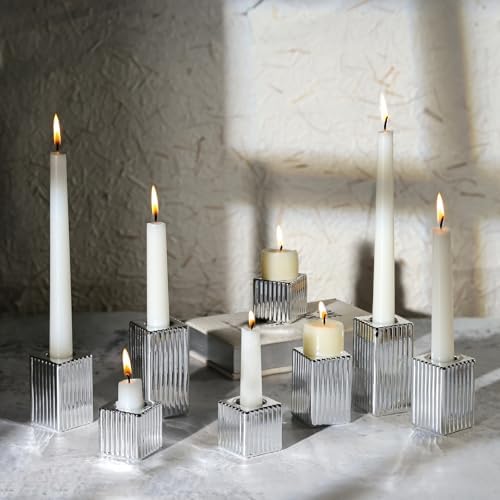 LETINE 12pcs Silver Vertical Stripe Glass Candlestick Holders - Chic Taper Candle Sticks Holder Set for Elegant Dining & Home Decor - Ideal for Christmas, Halloween, Thanksgiving by LETINE